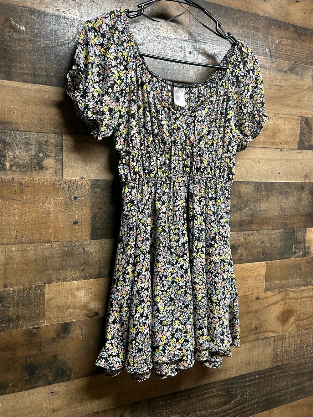 NOBO Black Floral Puff Sleeve Dress with Pink & Yellow Flowers